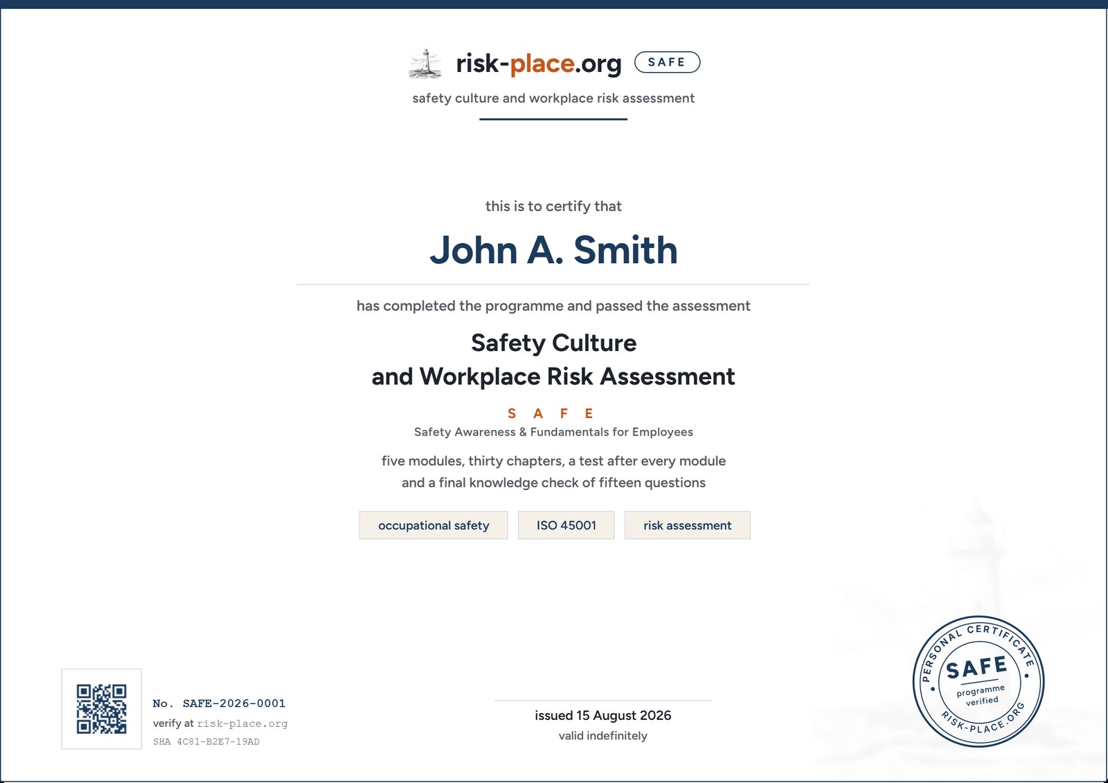 SAFE certificate — sample